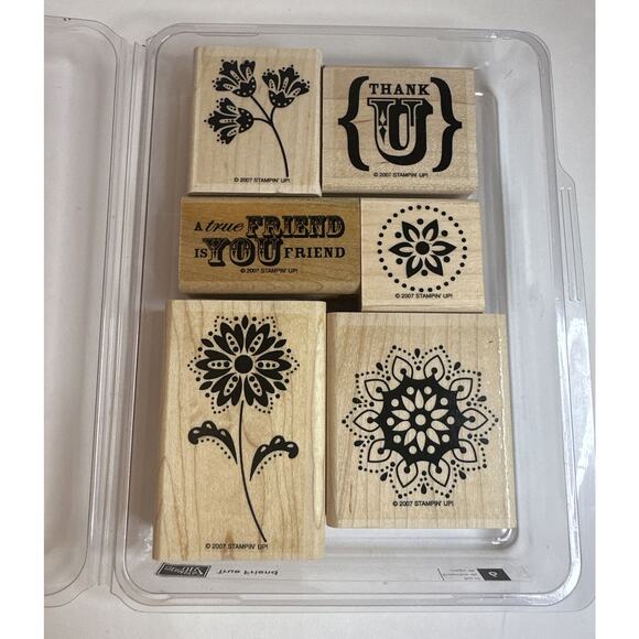 2007 Stampin' Up! True Friend Wood Mounted Rubber Stamp Set 6 Stamps w/ Case EUC - Picture 1 of 4